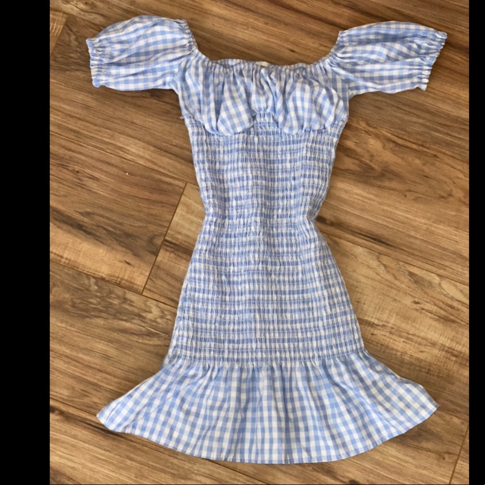 Baby blue gingham off the shoulder dress